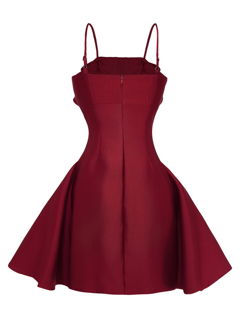 Robe Courte Rouge Vin  Unie Fleurs 3D Années 1960