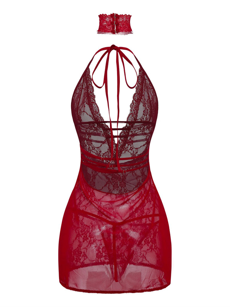 Nuisette sexy en dentelle dos nu à col en V années 1980