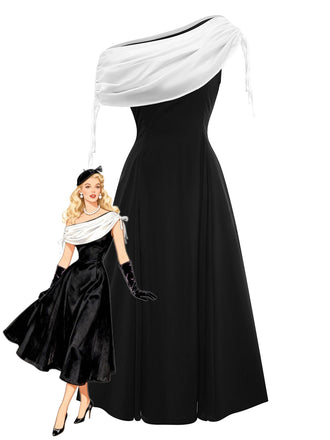 Robe noire à épaules dénudées contrastées des années 1980