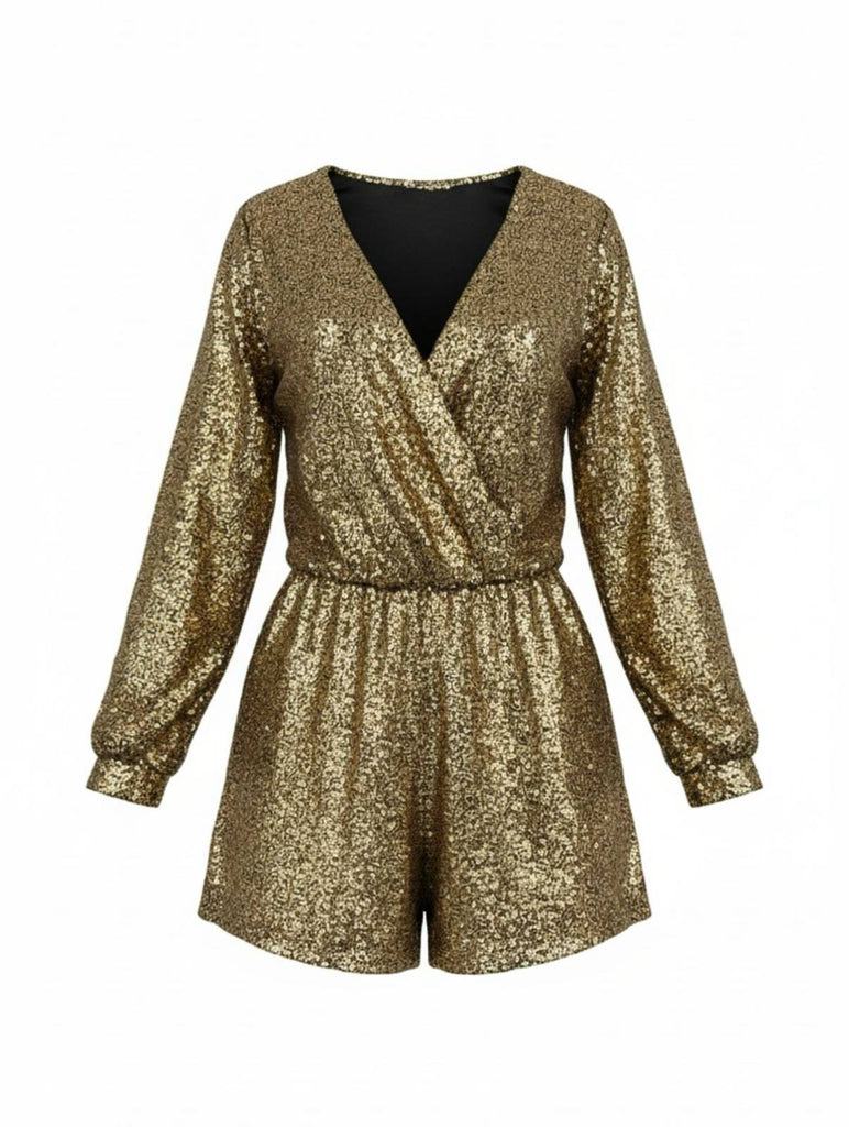 Combishort à manches longues et col en V à sequins années 1970