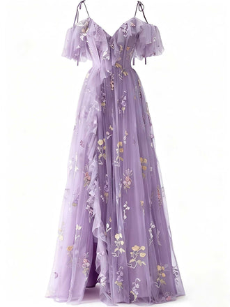 Robe fendue en tulle brodé de fleurs années 1970