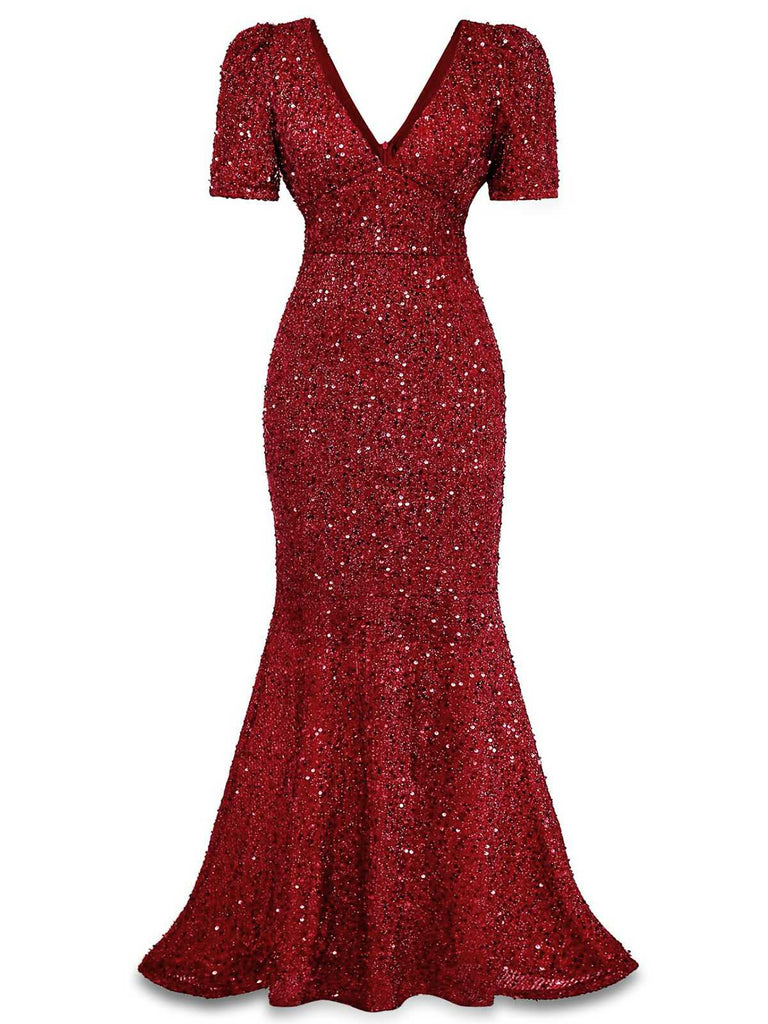 [Prévente] Robe sirène longue à paillettes et nœud rouge vin années 30