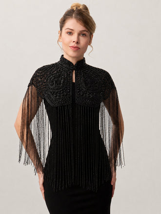 Cape Courte Gatsby à Col Montant, Perles et Franges Années 1920 - 2