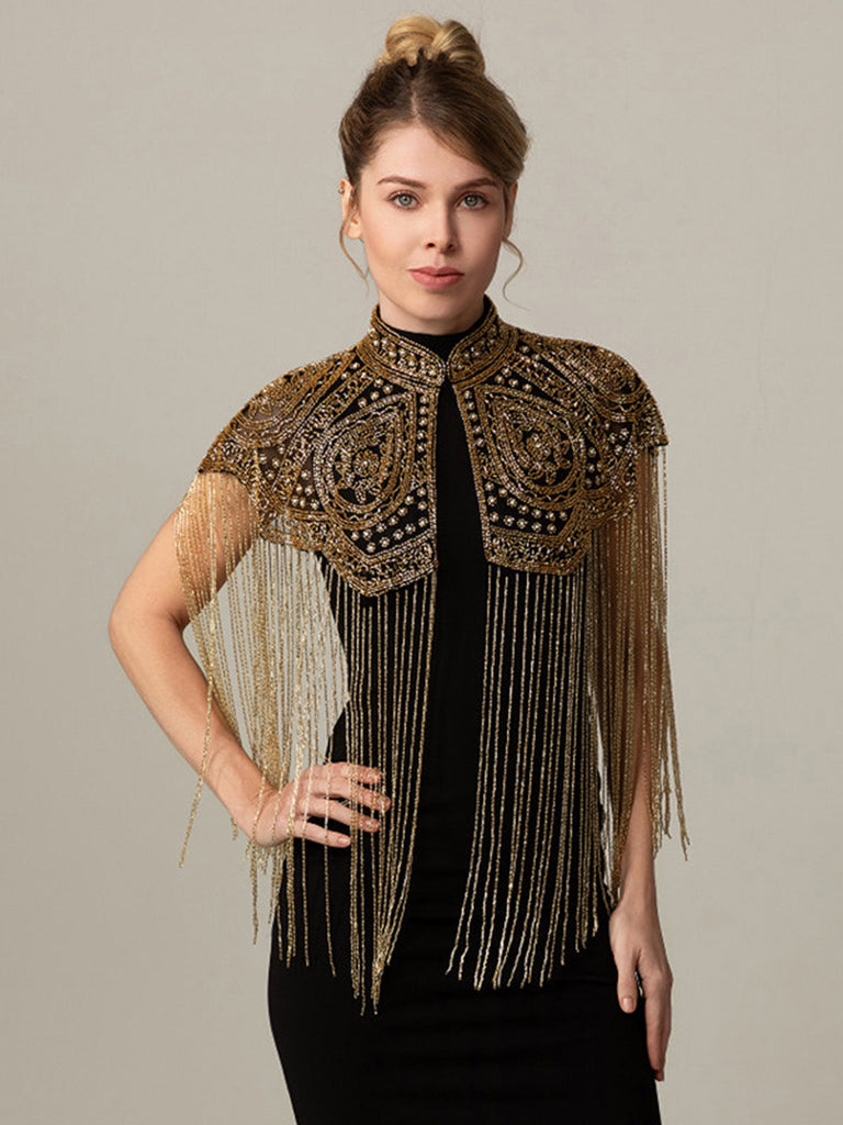 Cape Courte Gatsby à Col Montant, Perles et Franges Années 1920 - 5