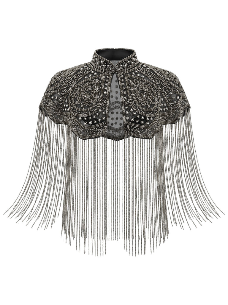 Cape Courte Gatsby à Col Montant, Perles et Franges Années 1920 - 8