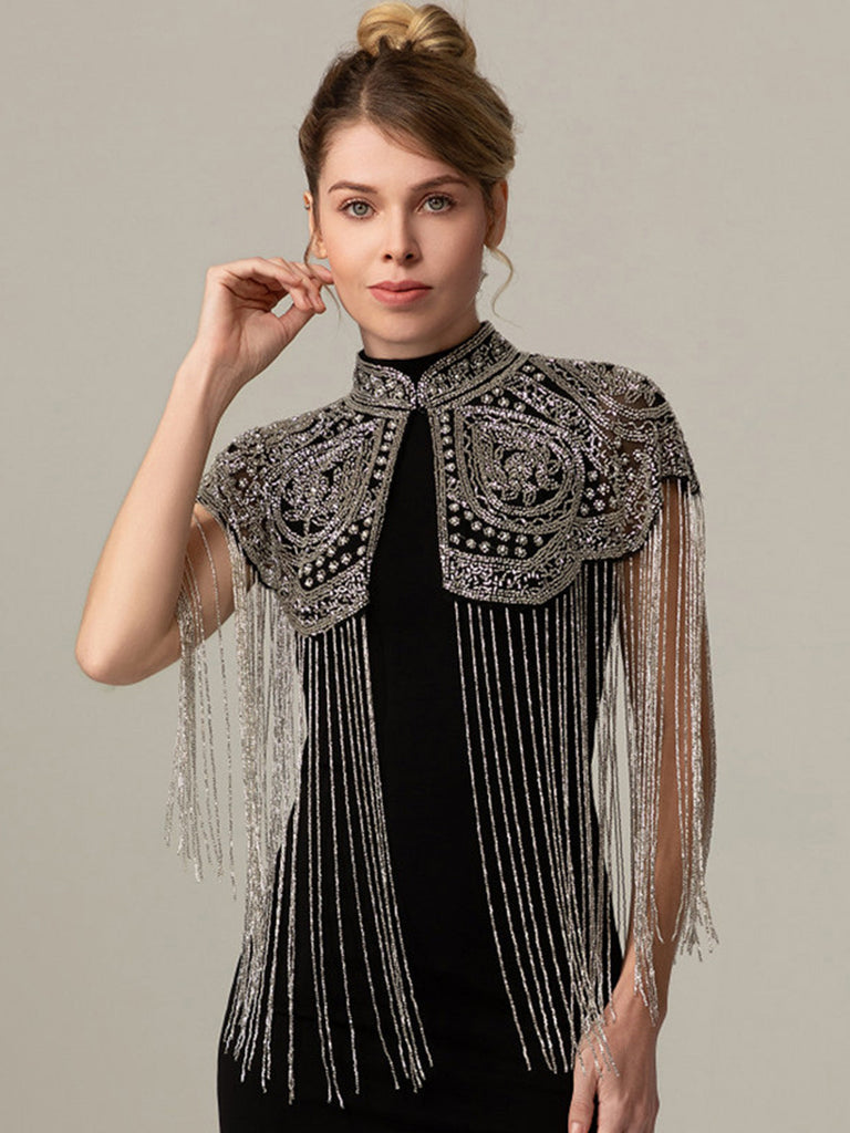 Cape Courte Gatsby à Col Montant, Perles et Franges Années 1920 - 9