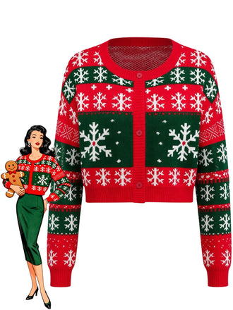 Cardigan court de Noël rouge et vert en maille à flocons années 1950 - 1