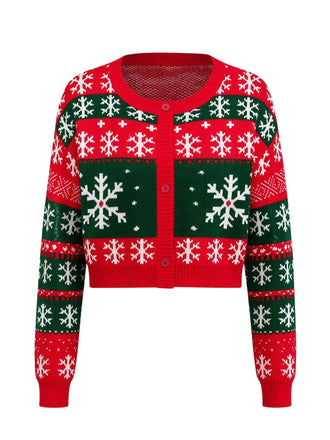 Cardigan court de Noël rouge et vert en maille à flocons années 1950 - 2