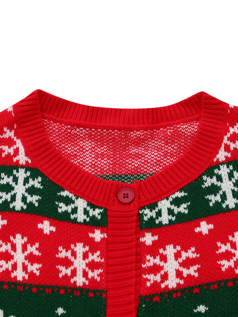 Cardigan court de Noël rouge et vert en maille à flocons années 1950 - 4