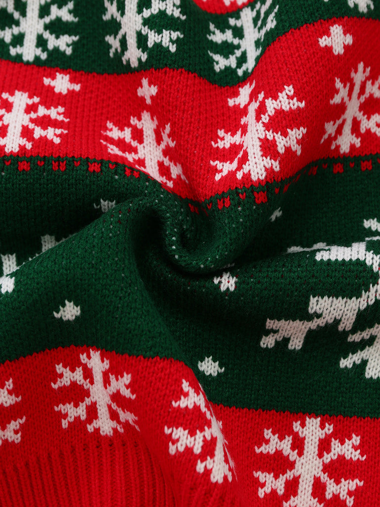 Cardigan court de Noël rouge et vert en maille à flocons années 1950 - 6