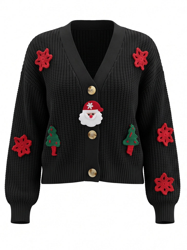 Cardigan de Noël en maille à appliqués Père Noël et sapin années 1970 - 1