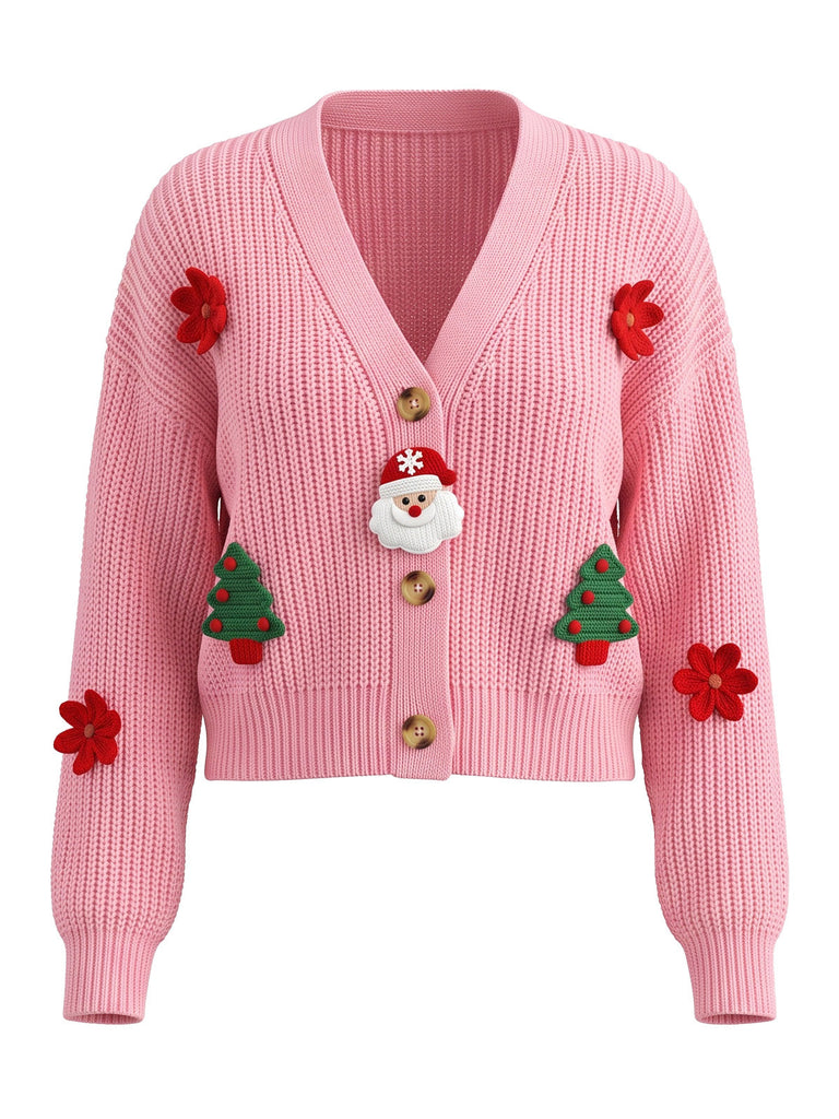 Cardigan de Noël en maille à appliqués Père Noël et sapin années 1970 - 4