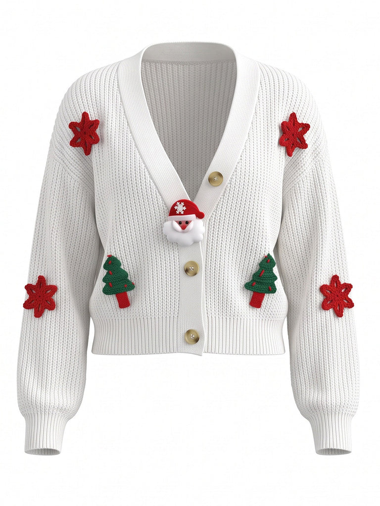 Cardigan de Noël en maille à appliqués Père Noël et sapin années 1970 - 7