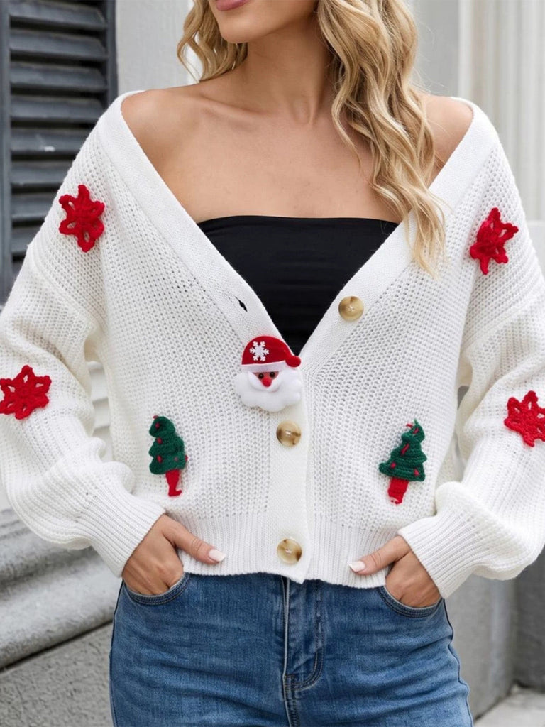 Cardigan de Noël en maille à appliqués Père Noël et sapin années 1970 - 9