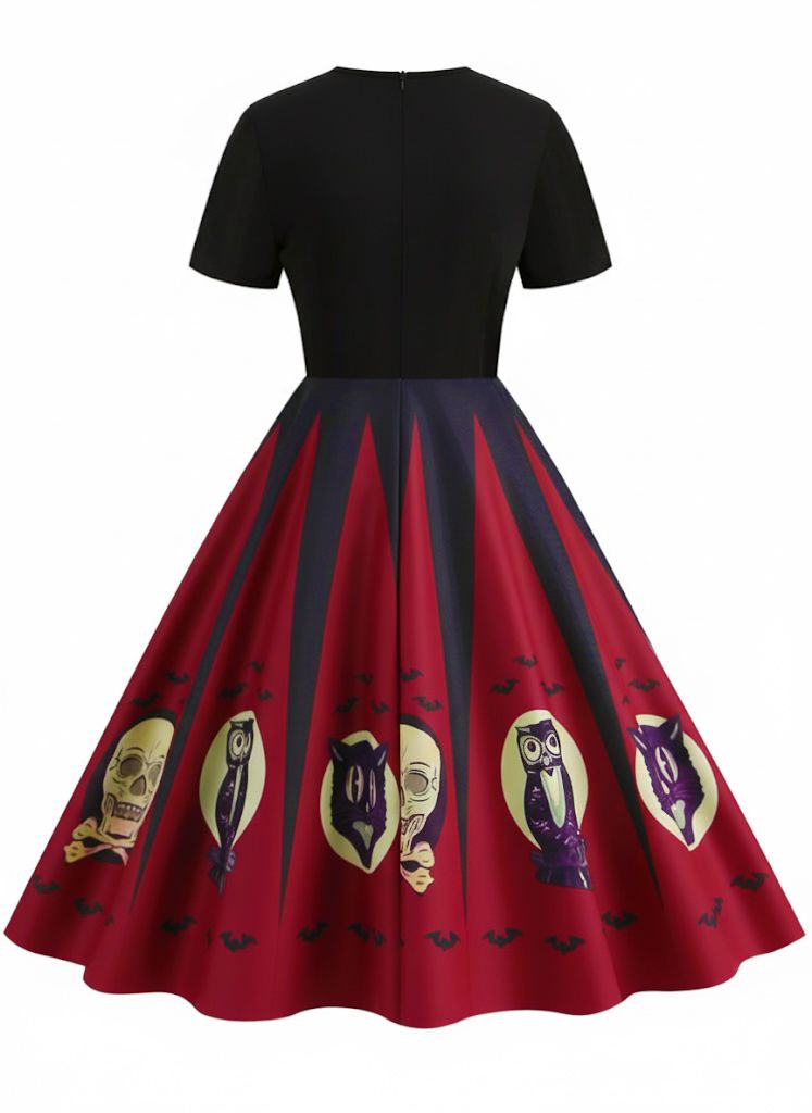 [Prévente] Robe patchwork imprimé toile d'araignée rouge pour Halloween des années 1950