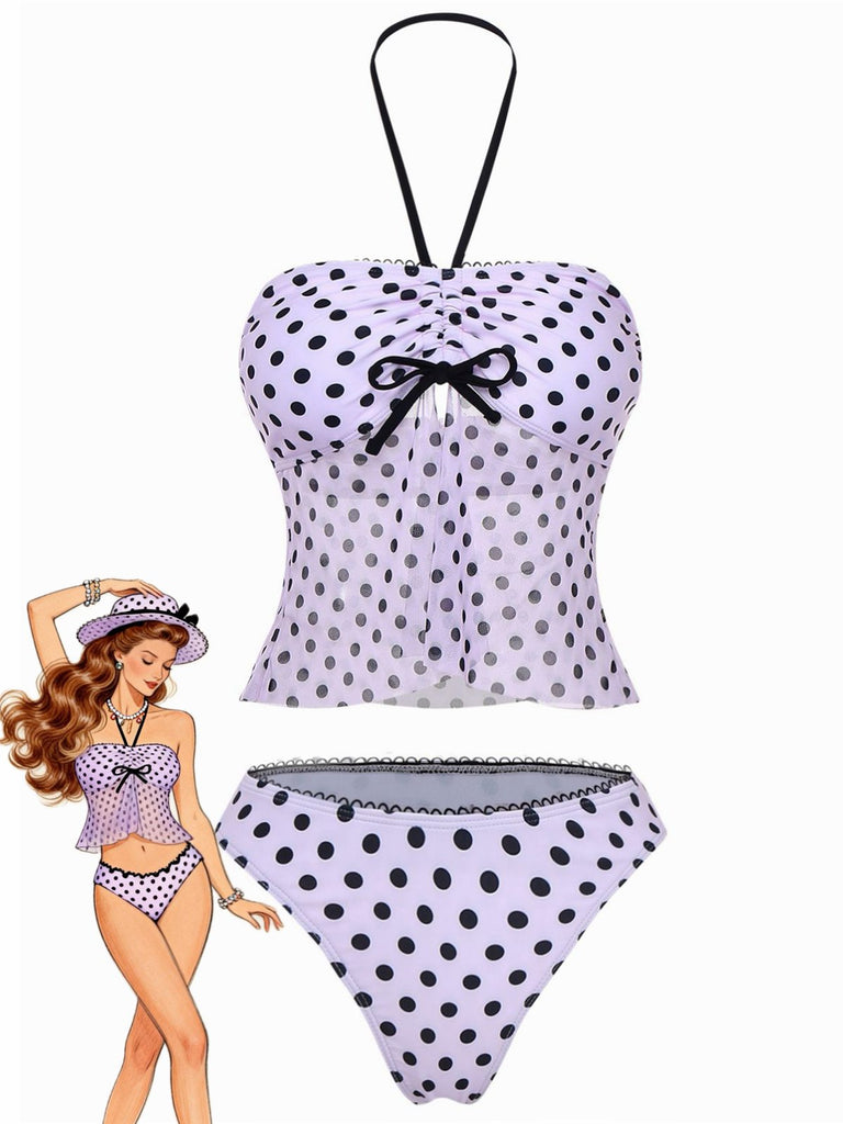 Ensemble tankini rose à pois et nœud années 1950