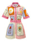 2PCS Chemise et short ceinturé fleuri bohème multicolore des années 1970