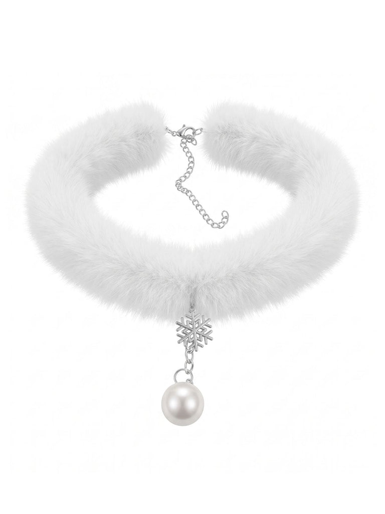 Collier à Chaîne de Perles, Pendentif Flocon de Neige et Plume Blanche - 1