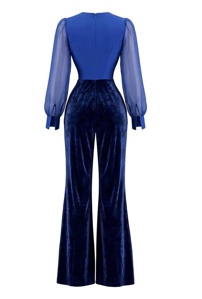 Combinaison Bleu Cobalt en Velours à Manches Transparentes Années 1970 - 2