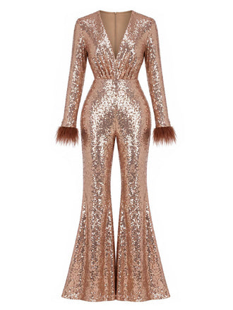 [Prévente] Combinaison disco évasée à sequins, décolleté profond et bordure en fausse fourrure années 1970 - 2