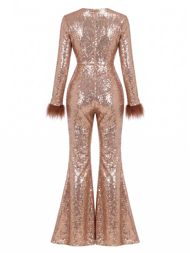 [Prévente] Combinaison disco évasée à sequins, décolleté profond et bordure en fausse fourrure années 1970 - 4