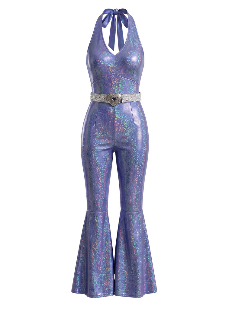 Combinaison disco métallisée holographique à col dos-nu, ceinture et jambes évasées Années 1970 - 2