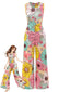Combinaison Multicolore Fleurie à Dos Nu en Cœur et Jambes Larges Années 1970