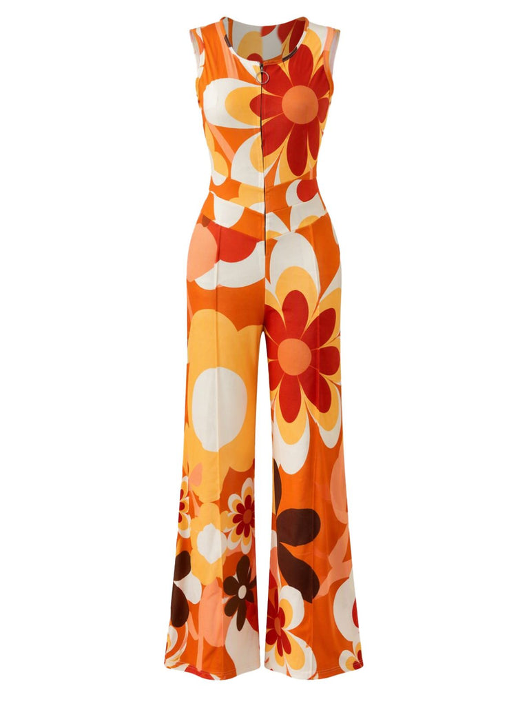 Combinaison orange à fleurs sans manches et dos ouvert en cœur années 1960 - 2