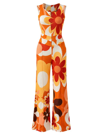 Combinaison orange à fleurs sans manches et dos ouvert en cœur années 1960 - 2