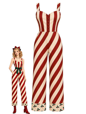 [Prévente] Combinaison rouge à rayures de Noël, taille à nouer et revers aux jambes Années 1940 - 1