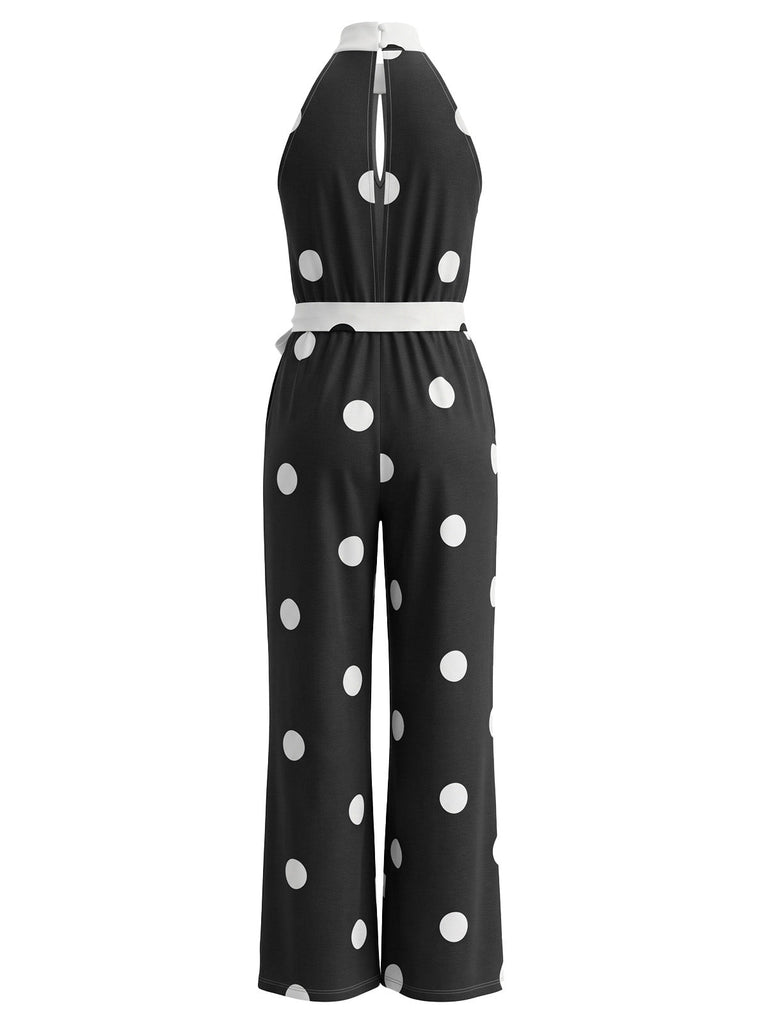 Combinaison sans manches à pois, col dos-nu, jambes larges et ceinture Années 1970 - 2