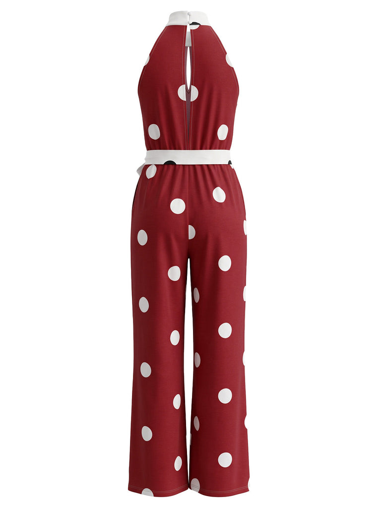 Combinaison sans manches à pois, col dos-nu, jambes larges et ceinture Années 1970 - 4