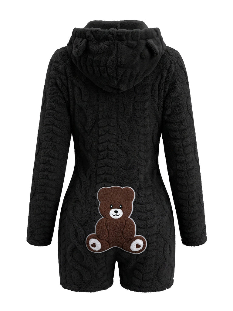 Combishort en polaire à capuche et ours en peluche brodé Années 1980 - 11