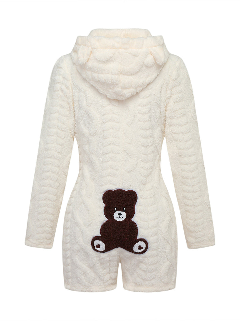 Combishort en polaire à capuche et ours en peluche brodé Années 1980 - 4