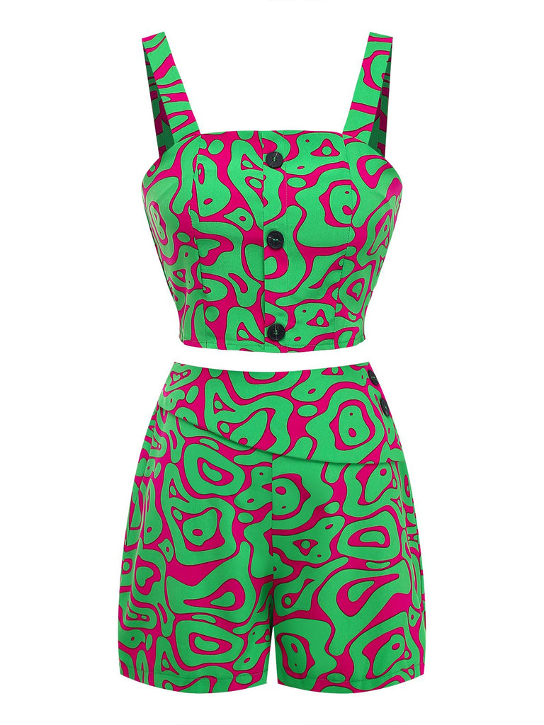 2PCS Haut court et short à boutons verts imprimé abstrait années 1970