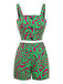 2PCS Haut court et short à boutons verts imprimé abstrait années 1970