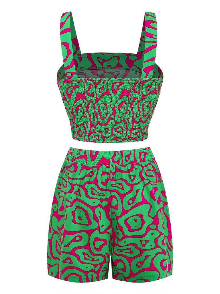 2PCS Haut court et short à boutons verts imprimé abstrait années 1970