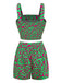 2PCS Haut court et short à boutons verts imprimé abstrait années 1970