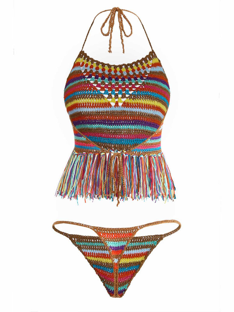 Multicolore Rayé Pompon Crochet Halter Ensemble Bikini Années 1970 3
