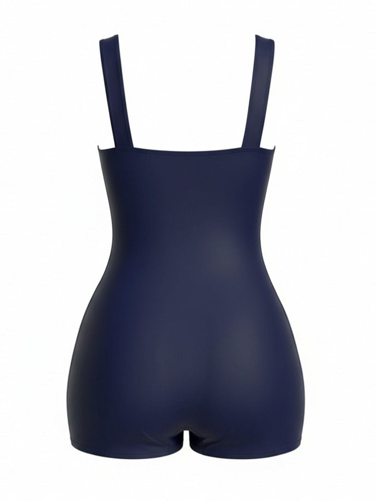 [Grande Taille] Maillot de bain une pièce bleu marine à imprimé botanique années 1980