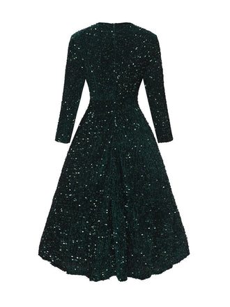 Robe longue à sequins vert foncé manches longues années 40