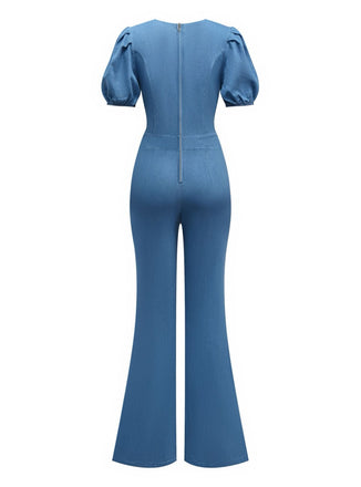 Combinaison bleue en denim à manches bouffantes années 1970