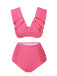 Ensemble bikini froncé rose uni avec volants et nœud années 1940
