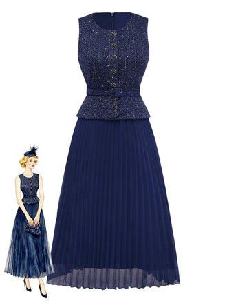 Robe plissée sans manches à boutons nacrés et ceinture années 1960