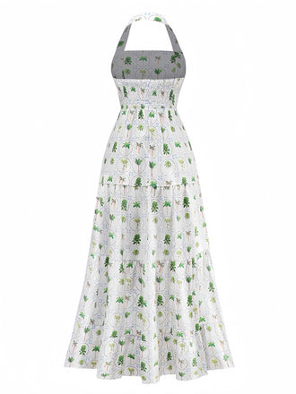 Robe licou verte à imprimé palmiers et carreaux des années 1970