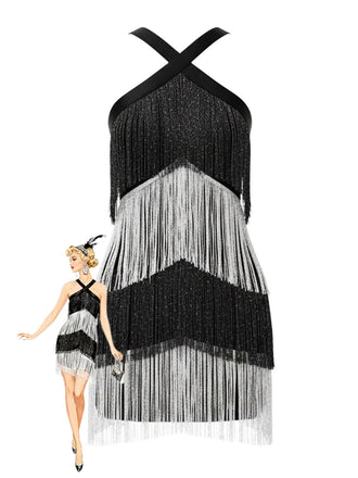 Robe de cocktail noire à bretelles franges et sequins années 1920