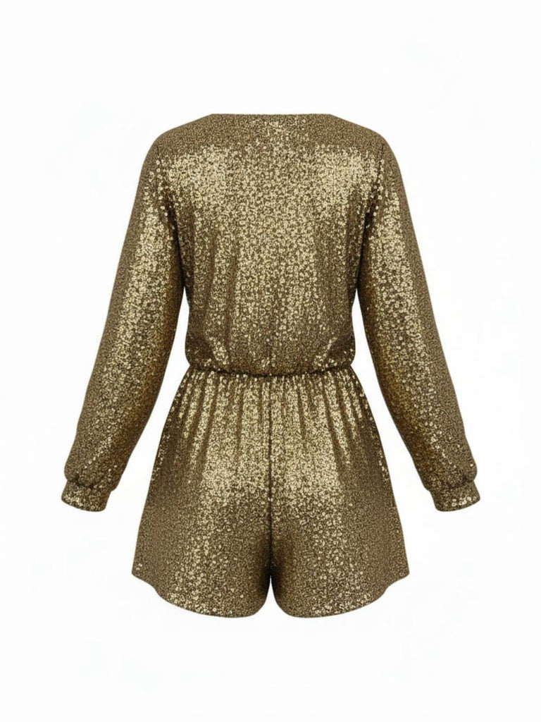 Combishort à manches longues et col en V à sequins années 1970