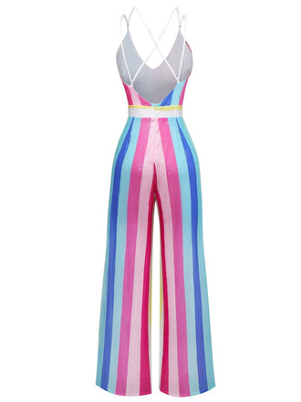 Combinaison multicolore à rayures verticales et paillettes col en V années 1960