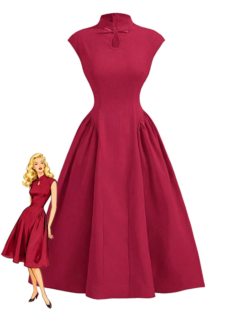 Robe À Ligne A Rouge Manches Courtes Col Montant Années 50
