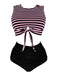[Grande taille] Ensemble tankini rayé rose et noir à nœuds années 1970